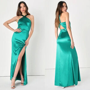 Lulus Extravagant Feelings Emerald Green Satin Halter Maxi Dress Wedding Party